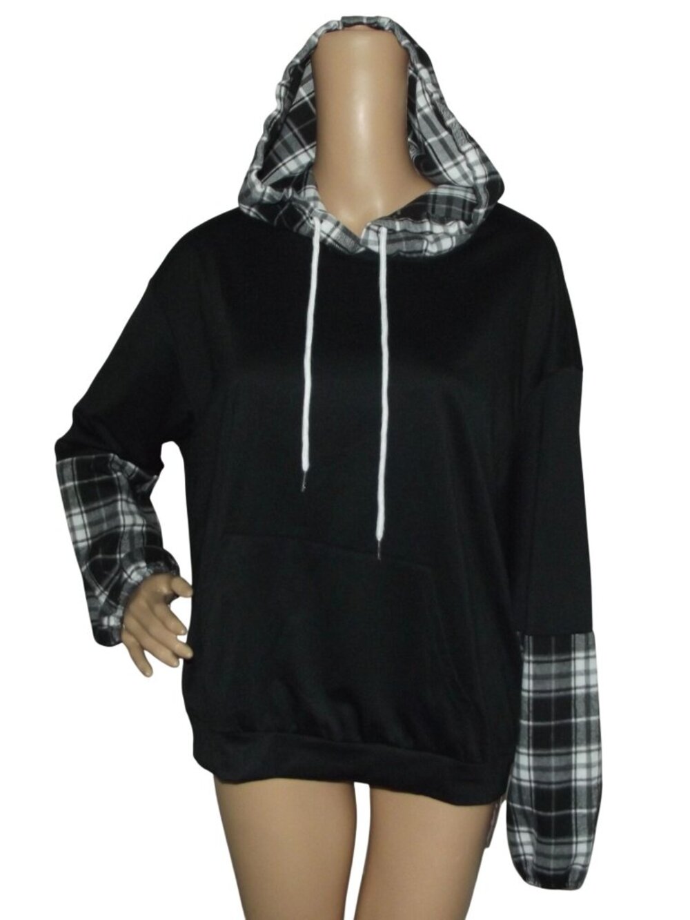 Romwe Hoodie Womens Size Large Black White Colorblock Plaid Pullover